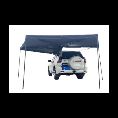 Viatura 4x4 branca com toldo preto montado e quatro postes de suporte