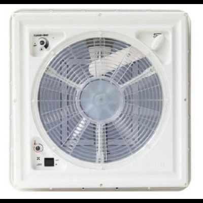 Ventoinha branca quadrada com grade circular e botões de controlo