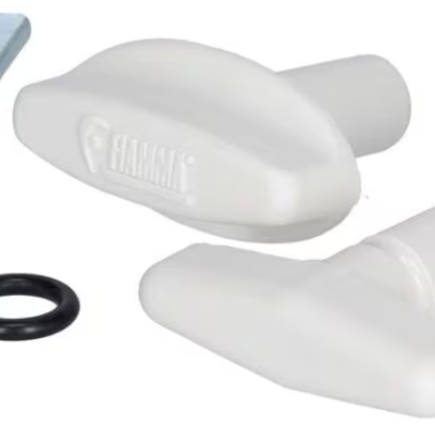 Peças de manivela branca com texto FIAMMA, peça metálica prateada e anel preto