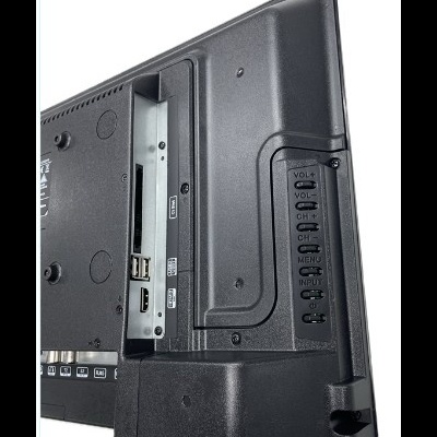 Painel lateral de televisão preta com botões e entradas USB e HDMI