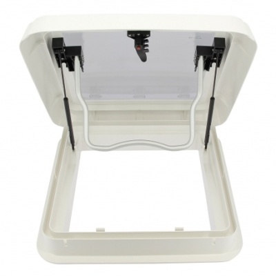 Abridor de janela/escape para teto branco com tampa transparente e suportes metálicos