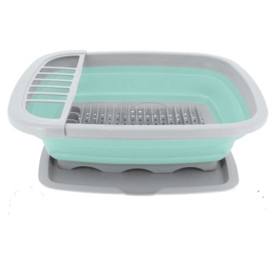 Escorredor de loiça dobrável silicone verde água e cinzento