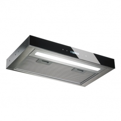 Exaustor de cozinha embutido em aço inox e vidro preto com filtro metálico e luz LED