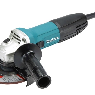Esmeril angular Makita azul e preto com roda abrasiva e manípulo lateral preto