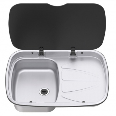 Tina de cozinha em aço inox com tampo preto aberto