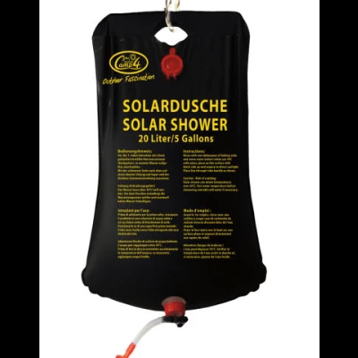 Saco preto para solar shower com texto amarelo e válvula vermelha