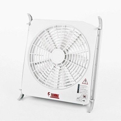 Ventoinha quadrada branca FIAMMA com grelha circular e pernas dobráveis