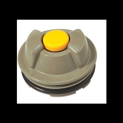 Tampão redondo cinzento com botão amarelo e anel preto