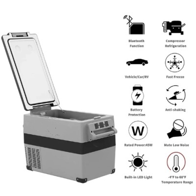 Frigorífico portátil cinza com tampa aberta e ícones a descrever funcionalidades