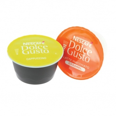 Duas cápsulas Nescafé Dolce Gusto, cappuccino e latte macchiato caramel