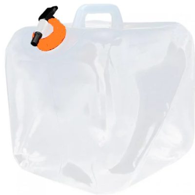 Recipiente plástico transparente com torneira laranja e preta