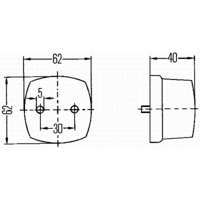 Desenho técnico de uma peça quadrada com cantos arredondados e furações, medidas de 62x62x40 mm