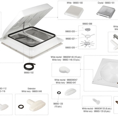 Componentes de ventilação brancos e transparentes identificados por números