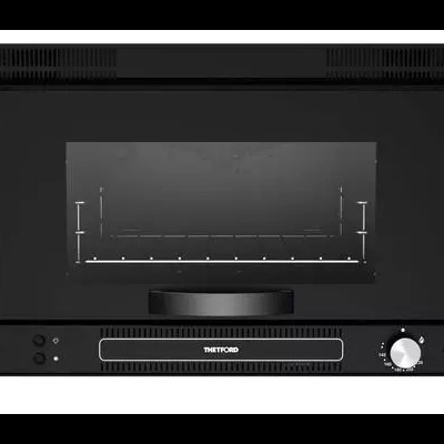 Micro-ondas preto THEFORD com botão prateado e visor transparente