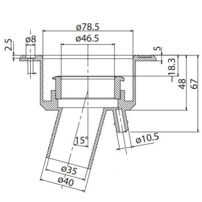 Desenho técnico com medidas de componente cilíndrico em corte