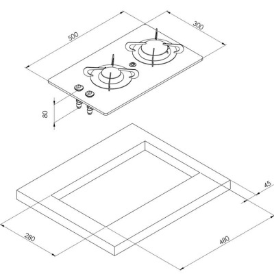 Desenho técnico de fogão de encastrar com 2 bicos e respetivas medidas.