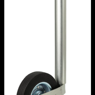 Roda de borracha preta com suporte metálico cilíndrico prateado e manípulo preto