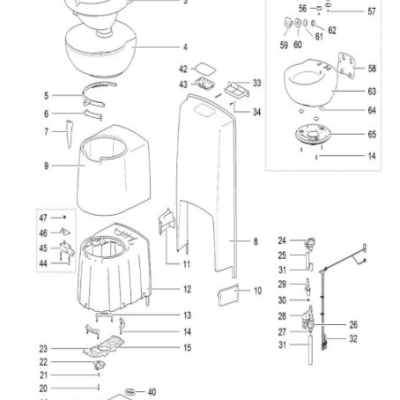 Desenho técnico com peças numeradas de um produto e uma tigela cerâmica desmontada.