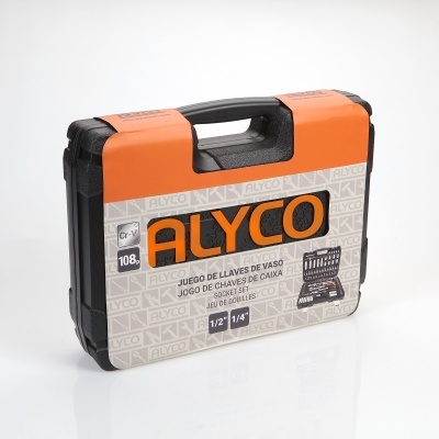 Estojo preto com embalagem e etiqueta laranja ALYCO com jogo de chaves de vaso