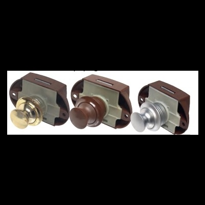 Três fechos de porta rotativos com botões dourado, castanho e prateado