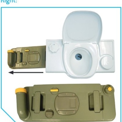 Sanita portátil verde com tampo branco aberto e detalhes amarelos