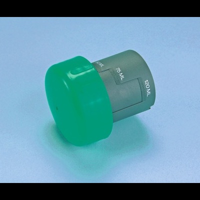 Medidor de dose em plástico cinzento com tampa verde