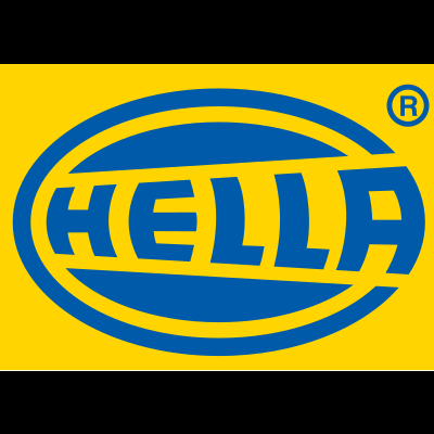 Logotipo HELLA azul dentro de elipse azul em fundo amarelo