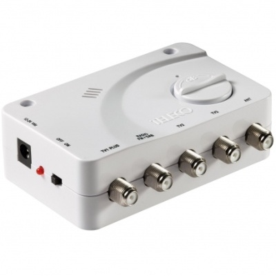 Dispositivo eletrónico branco com conectores coaxiais e interruptor
