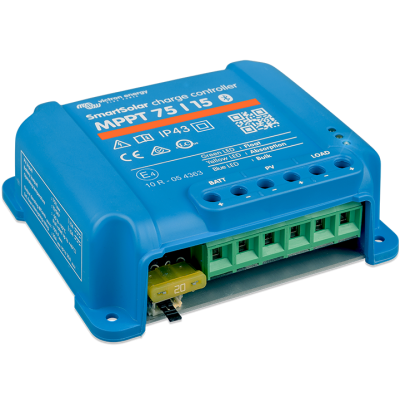Controlador de carga azul SmartSolar MPPT 75 15 com portas verdes e fusível amarelo