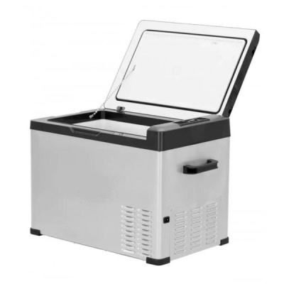 Frigorífico portátil branco e cinzento com tampa aberta e pega lateral preta