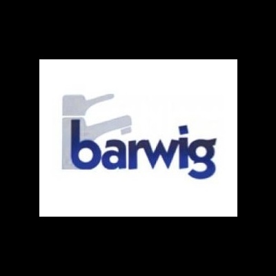 Logotipo da marca Barwig com texto azul e ícone de torneiras cinzentas