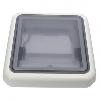 Caixa quadrada branca com tampa transparente e bordas arredondadas