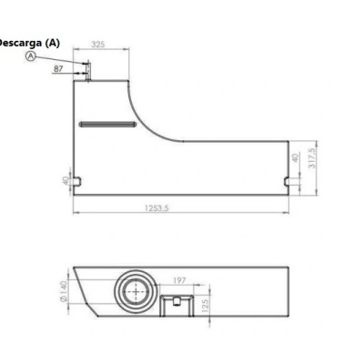 Desenho técnico de um tubo com sapata com dimensões e texto Descarga (A)