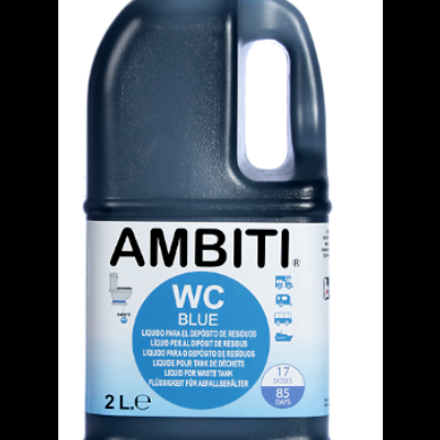 Frasco de líquido WC Blue AMBITI para depósito de resíduos, azul escuro com rótulo branco e azul
