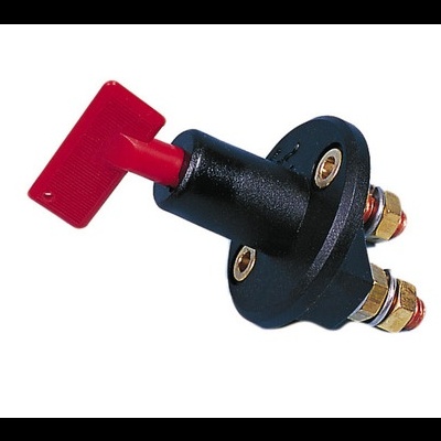 Interruptor de bateria preto com manípulo vermelho e conexões metálicas douradas