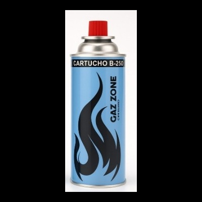 Cartucho metálico azul com tampa vermelha e texto CARTUCHO B-250 GAZ ZONE