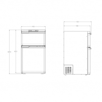 Desenho técnico de frigorífico com medidas em milímetros, vista frontal e lateral
