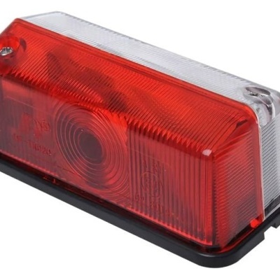 Luz traseira rectangular para veículo em plástico vermelho, branco e base preta