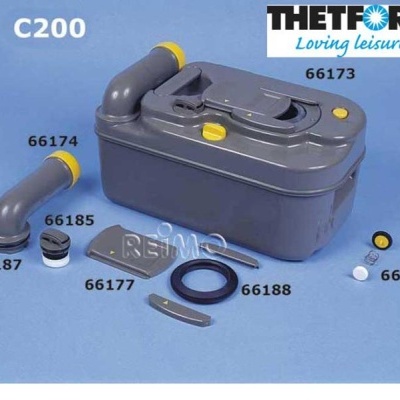 Peças para sanita portátil Thetford C200 em plástico cinza e amarelo sobre fundo azul.