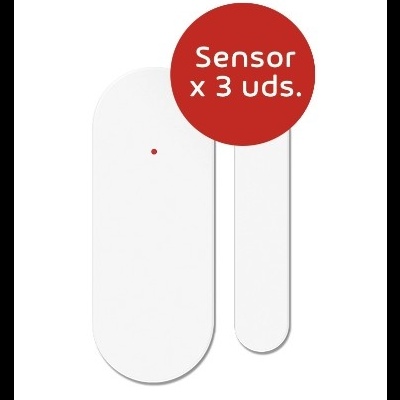 Conjunto de sensores brancos com texto Sensor x 3 uds. em fundo vermelho