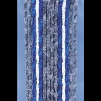 Fios de lã com texturas fofas em azul, cinza, branco e preto alinhados verticalmente