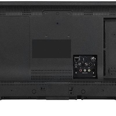 Televisor preto visto por trás com várias portas na parte traseira