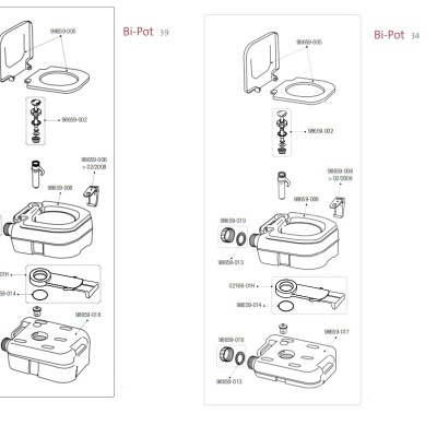 Esquemas técnicos de montagem de Bi-Pot com peças numeradas e duas versões