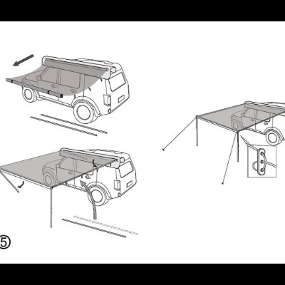 Carro preto com tenda cinza instalada e detalhes de montagem