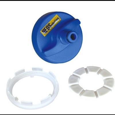 Conjunto de peças plásticas em azul e branco sobre fundo branco