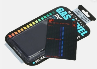 Indicador magnético preto do nível de gás na embalagem preta com texto informativo em inglês.