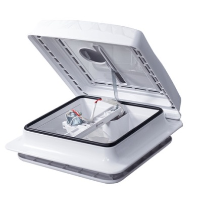 Claraboia de teto branca de veículo com tampo levantado e mecanismo interno visível.