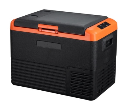 Caixa térmica preta e laranja com tampa e painel de controlo