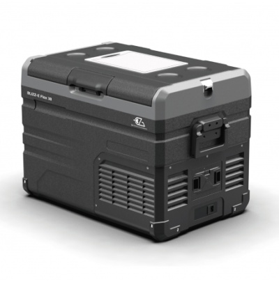 Caixa cooler portátil preto e cinza com texto BLIZZ-E Flex 35