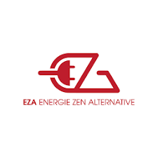 Logotipo EZA ENERGIE ZEN ALTERNATIVE com plugue elétrico vermelho
